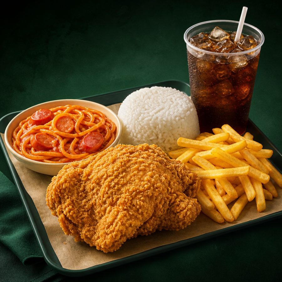 1-pc. Chickenjoy, Half Jolly Spaghetti, Reg. Fries with Rice and Reg. Drink